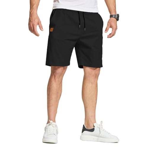 Image of JustSun Mens Shorts Casual Summer Shorts Men with Pockets Mens Cotton Chino Sports Shorts with Elastic Waist Black M