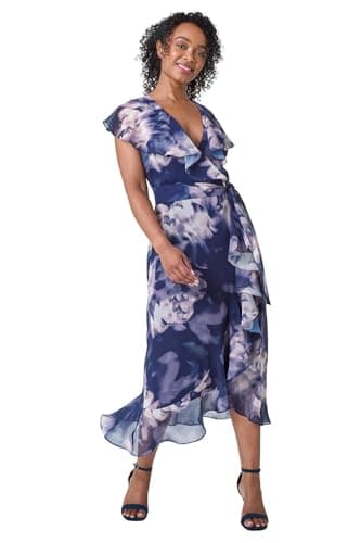Image of Roman Frill Dress for Women UK Ladies Summer Wrap Chiffon Frill Hem Layered Belted Midi Maxi Tiered Cape Special Occasion Fit & Flare Wedding Guest Swing Skater - Petite Navy - Size 16