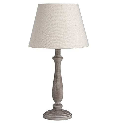 Image of Grey Washed Wood Vintage Rustic Table Lamp with Linen Fabric Tapered Shade | 53cm Height | 1 x ES E27 Lamp Bulb Required | UK Approved | in-Line On Off Switch | Wooden Lathe Turned