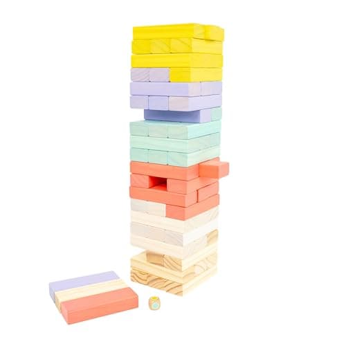 Image of TP Toys Giant Wooden Tumble Tower FSC Certified Classic Tumbling Game with 60 Pastel Blocks & Matching Dice for Family Indoor & Outdoor Fun, Wood