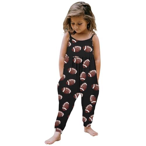 Image of Girls Sleeveless Jumpsuit Baby Romper Summer Print Overalls Rompers Loose Fit Playsuits Toddlers with Spaghetti Strap and Pockets Outfit Casual Age 1-6 Years (Black, 5-6Years)