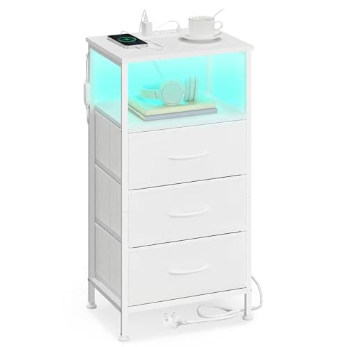 Image of SONGMICS BELLAH Collection - Bedside Table with Charging Station, Side End Table with APP-Controlled Adjustable LED Lights, 1 Open Shelf and 3 Drawers, Bedroom, Cloud White and Snow White LGS303WH04