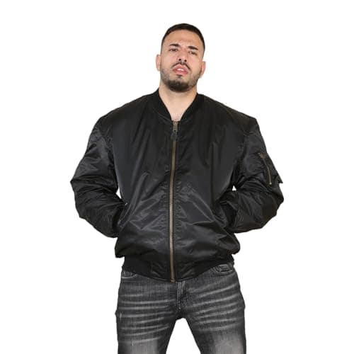 Image of MA1 Bomber Jacket Mens Reversible Pilot Flight Coat Padded Military Air Force Lightweight Retro Biker Outerwear Brass Zip Utility Sleeve Pocket Orange Lining Black L