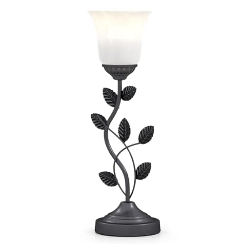 Image of COSTWAY Bedside Table Lamp, Vintage Nightstand Lamp with Tulip Glass Lampshade, Metal Leaves & On-Off Switch, Decorative Desk Light for Study Living Room Bedroom, E27 Bulb Not Included