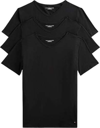 Image of Tommy Hilfiger Men’s 3 Pack Short Sleeve V-Neck Stretch T-Shirts, Black (Black/Black/Black), XXL