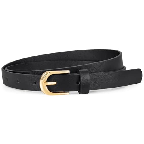 Image of WHIPPY Women Skinny Leather Belt Gold Buckle Adjustable Thin Waist Belts for Jeans Dresses Trousers Fashion Ladies Leather Slim Belt, Black(gold buckle), Fit waist size 31"-35"