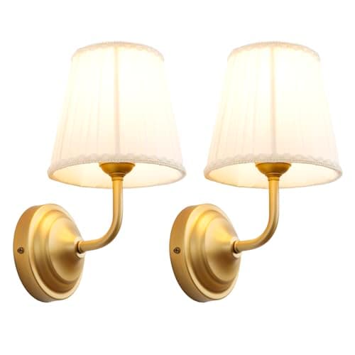 Image of SongCiLT 2 Sets of Vintage Wall Lights Sconce with Cream Pleated Tulle Fabric Shades, Indoor Hardwired Wall Lamp Fixtures for Bedside Bedroom Living Room Hotel