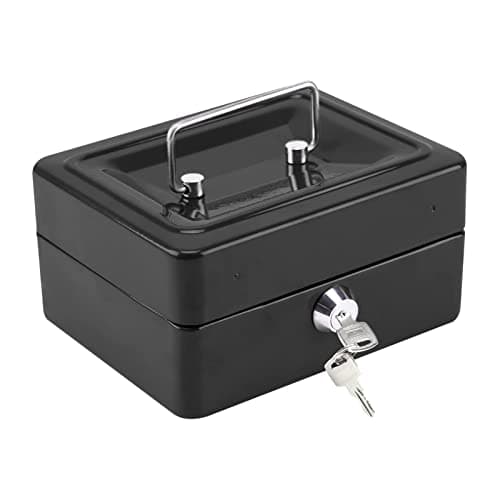 Image of CROWNSHOP Lockable Cash Box 6" Metal Money Box with 2 keys Lockable Portable Petty Cash Deposit Tin with Removable Change Tray for Kids Shop Office Home (Black)