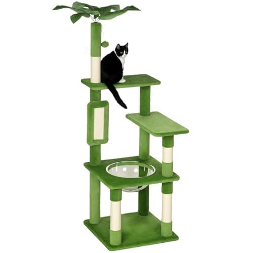 Image of PawHut 142cm Cat Tree Tower w/Scratching Post, Hammock, Ball, Platforms, Green