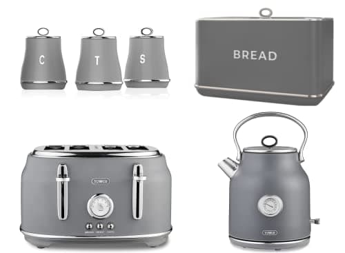 Image of Tower Renaissance Kettle, 4 Slice Toaster, Bread Bin & Canisters Matching Kitchen Set of 6 in Grey