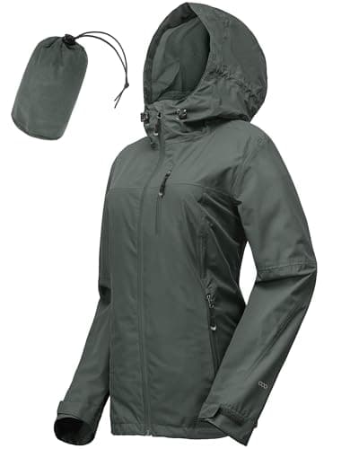 Image of 33,000ft Women's Lightweight Waterproof Jacket Packable Hooded Rain Jacket Breathable Windbreaker Softshell Raincoat for Outdoor Running Walking Hiking (Dark Grey-M/UK 12)