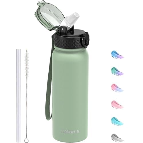 Image of GOPPUS 600ml/20oz Stainless Water Bottle with Straw Double Wall Insulated Bottles with Strap One Hand Open Vacuum Thermal Flask Leakproof Keep Cold Bottles with Flip Top Lid BPA Free (Sage Green)