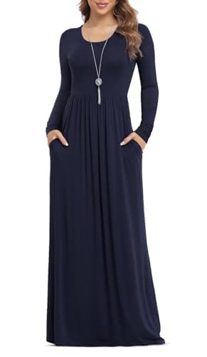 Image of Anelune Dresses for Women Long Sleeve Loose Plain Plus Size Maxi Dresses Casual Long Dresses with Pockets Navy Blue X-Large