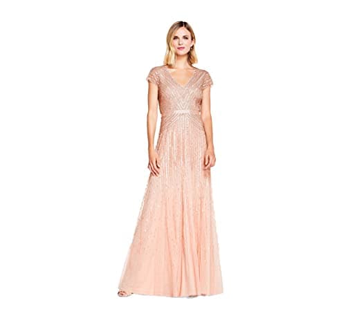 Image of Adrianna Papell Women's Long Beaded V-Neck Dress with Cap Sleeves and Waistband, Blush, 8 UK