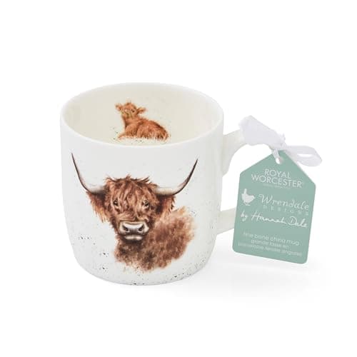 Image of Royal Worcester x Wrendale Designs 'Highland Cow' Coffee Mug - Fine Bone China White Mug with Handle, Featuring Cow Illustration by Artist Hannah Dale, Microwave & Dishwasher Safe, 310ml