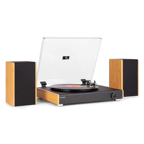 Image of Audizio RP335BB retro record player with speakers, 80W stereo sound, Bluetooth receiver, 3-speed turntable, USB recording & playback, bamboo finish, – all-in-one vinyl system for audiophiles.