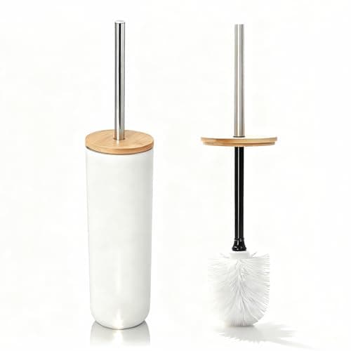Image of Toilet Brush and Holder Set with Wooden Accents & Stainless Steel Handle - Slim Modern Toilet Brushes & Holders for Bathroom Cleaning (White)