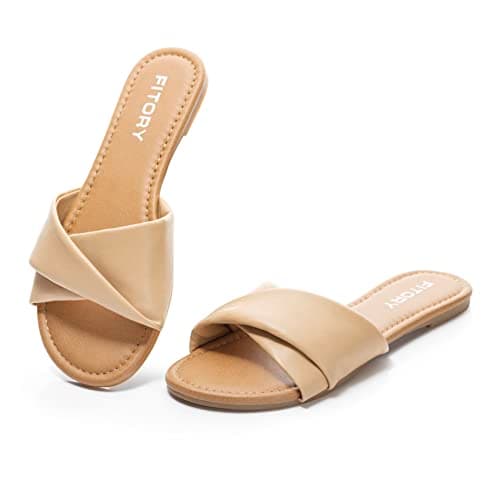 Image of FITORY Women's Flat Sandals with Comfy Leather, Casual Slip On Slides Ladies Beach Shoes for Summer Light Tan Size 8