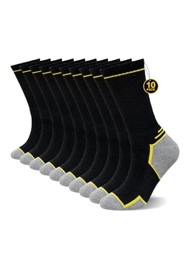 Image of ZFSOCK Mens Work Boot Socks: Heavy Duty Crew Socks with Reinforced Toes & Heels Cushioned with Padded Sole Anti Blister Breathable for Women Workwear and Outdoor Running Hiking - 10 Pairs Black 6-8