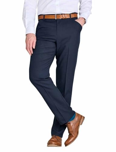 Image of Farah Men's Frogmouth Pocket Formal Flat Front Trousers with Easy Care Non-Iron Finish & Gripper Waistband Navy 40W / 29L