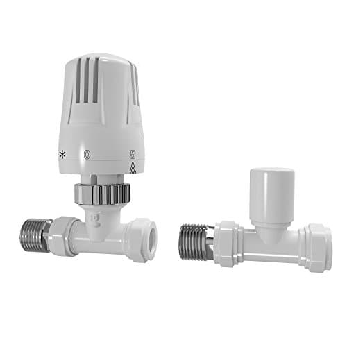 Image of iBathUK Essence Thermostatic Radiator Valve with Lockshield Straight Round, Durable Brass Built Radiator Thermostat Control for Panel, Column & Towel Radiators in Matt White, 15mm