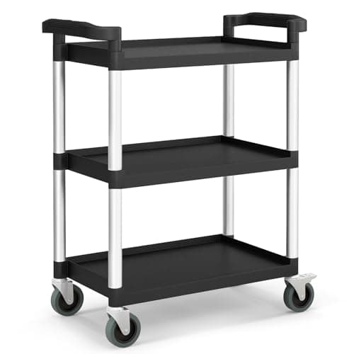 Image of COSTWAY Rolling Trolley Cart, 3 Tier Mobile Utility Storage Organiser Shelves with Swivel Wheels and Handle, Multi-Purpose Serving Cart for Kitchen Garage Workshop (Aluminum+PP, 80 x 41 x 97cm)