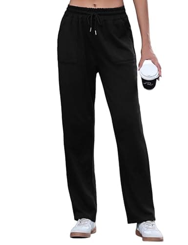 Image of Uniexcosm Sweatpants Womens Straight Leg Ladies Cotton Joggers Tracksuit Bottoms with Pockets Drawstring Baggy Sports Trousers Sweat Pants Petite Regular Tall for Casual Gym Yoga Black