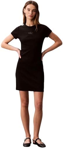 Image of Calvin Klein Women's Ss Monologo Baby Rib Mini Dress LV047F241G Dresses, Black, XS