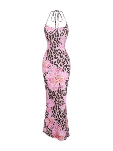 Image of GORGLITTER Women's Leopard Print Fishtail Long Cami Dress Floral Halter Tie Back Slimming Beach Party Dresses for Women UK Pink Medium