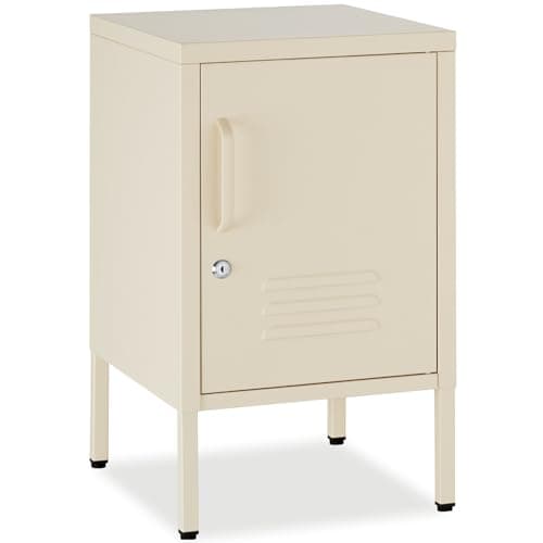 Image of tectake® Bedside Cabinet in Minimalist Design, 35 x 42.5 x 60.5 cm, Steel Storage Cabinet with Height-Adjustable Shelf & Lockable, Magnetic Door, Storage Cupboard for Home & Office Use - Cream