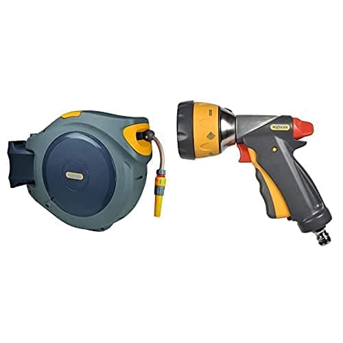 Image of Hozelock Auto Reel with 40m Hose & Multi Spray Ultramax Gun, Grey/Yellow, 16x10x8 cm
