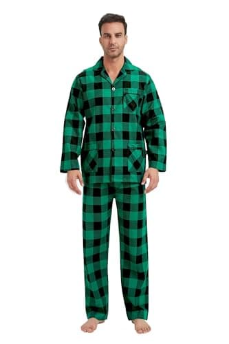Image of GLOBAL Mens Pyjama Sets 100% Cotton Soft Flannel Pjs Long-Sleeve Top Elastic and Drawstring Bottoms Green Black Plaid L