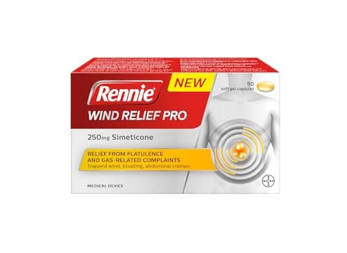 Image of Rennie Wind Relief Pro, Effective Relief from Flatulence and Gas-Related Complaints, 250 mg Simeticone, 50 Soft Gel Capsules