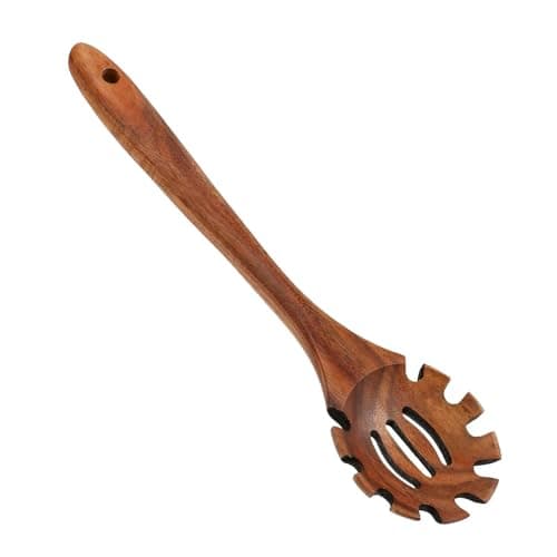 Image of Pasta Spoon- | Wooden Spaghetti Server, 12.6 Inch Long Handle Noodle Spoon, Hangable Pastaa Ladle with Teeth for Cooking, Baking, Serving Pasta, Kitchen Tool Durable Eco Kitchen Utensil Home Use