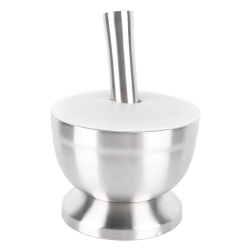 Image of Yinhing Stainless Steel Mortar and Pestle Set 18/8 Food Grade 304 Garlic Grinder with Slip Base Translucent Silicone Lid Multipurpose Nut and Crusher Easy to Kitchen Tool (Split Large Silicone Lid)