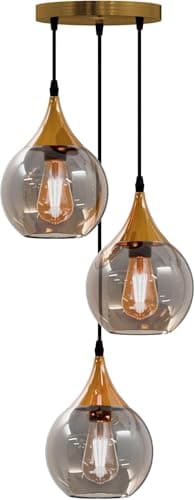 Image of LEDSone Vintage 3 Way Pendant Light Glass Height Adjustable E27 Base Retro Industrial Globe Glass Ball Light Shade Ceiling Light Fitting Coffee Shop Bar Kitchen (Gold, with Bulb)