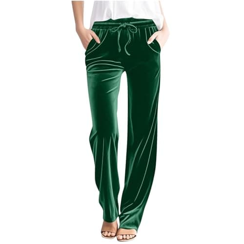 Image of Velvet Trousers Womens Straight Leg Drawstring Elasticated Waist Trousers Solid Color Lounge Long Pants Comfy Loose Casual Walking Pants Full Length Bottoms with Pockets Green