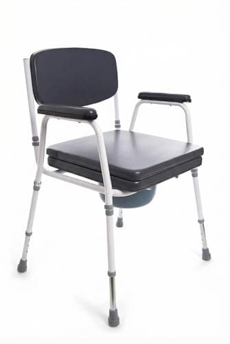 Image of Comfort Commode Chair with Padded Seat, Arms & Backrest, Height Adjustable, Flat-Pack Design, Toilet Potty Bedroom Chair, Grey & White