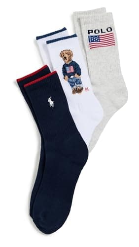 Image of POLO RALPH LAUREN Women's Flag Bear Socks 3 Pack, Oatmeal/Navy/White Assorted, 8-10 UK