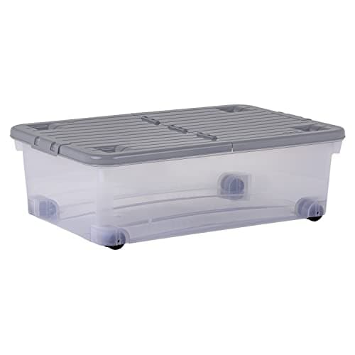 Image of Wham Wheel 5 x 32L Plastic Storage Boxes with Folding Lid & Wheels | Ideal for Home, Office, Toys & More | Medium Boxes | Made in UK - Clear/Cool Grey