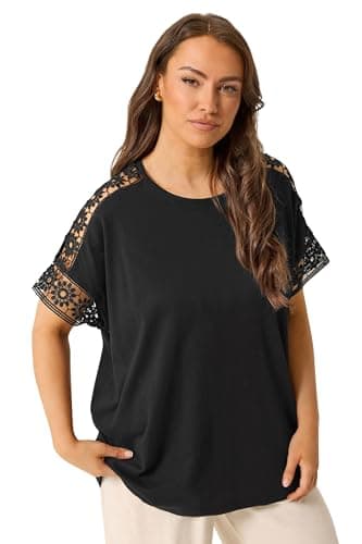 Image of Yours Curve Crochet Sleeve Boxy T-Shirt - Women's - Plus Size Curve Black
