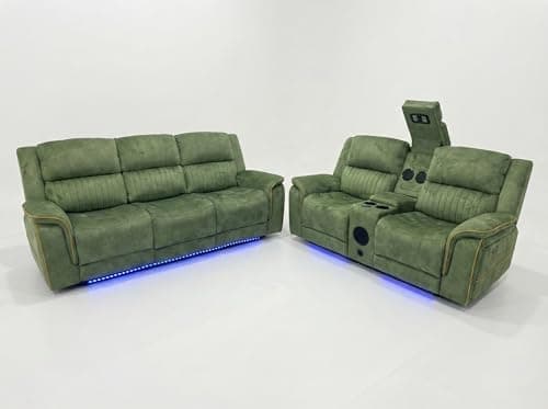 Image of Geneva Pro Fabric Electric Recliner Sofa 3+2 Seater Set - 3+2 Seater Sofa With Bluetooth/Cooling Cup-Holders/LED Lights/Wireless Charging/USB Charging Ports (Emerlad Green, 3+2 Seater)