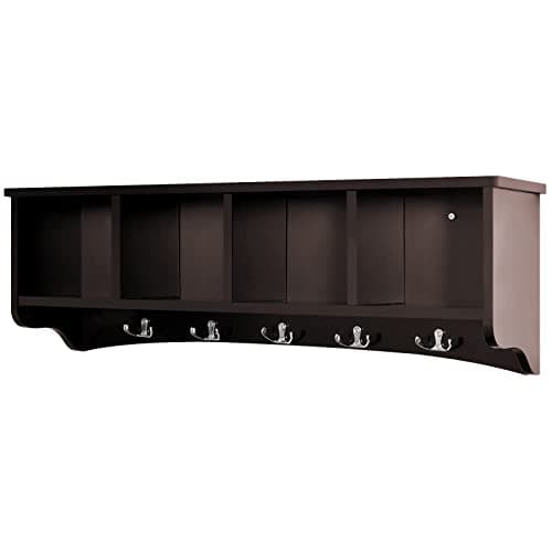 Image of COSTWAY Wall-Mounted Coat Rack Shelf, 72cm Wall Coat Hanger with 4 Storage Compartments and 5 Dual Hooks, Wooden Hanging Display Cabinet Hallway Organiser for Entryway Bathroom Living Room (Coffee)