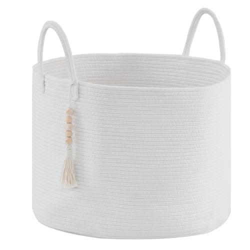 Image of YOUDENOVA Laundry Basket With Wooden Hanging Bead, Toy Storage Basket for Kids, Cotton Rope Blanket Basket Large, Woven Storage Basket Nursery Decor Organiser Washing Basket With Handle 50x33cm White