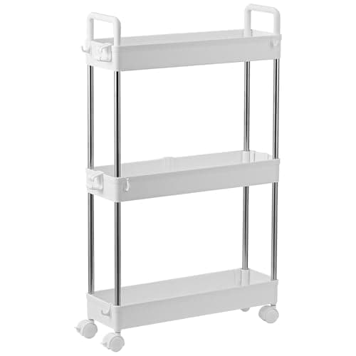 Image of 3-Tier Slim Storage Trolley with Slide-Out Rolling Utility Shelf, Plastic & Stainless Steel (White)
