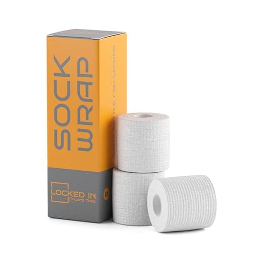 Image of Locked in Sock Tape for Football 5cm x 5m - Self Adhesive, Elastic Bandage Wrap for Socks, Shin Pads, Ankle & Knee Support - Comfortable Fit, Strong Hold for Training, Recovery & More (White, 3 Pack)