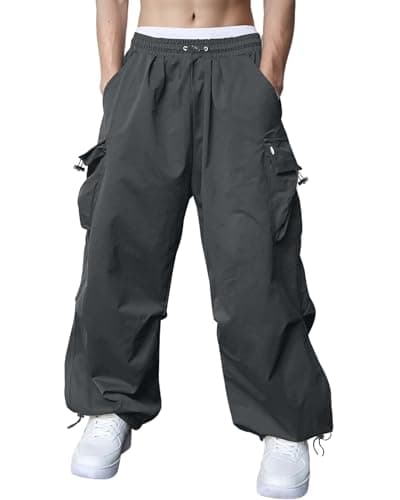 Image of FEDTOSING Loose Fit Cargo Trousers for Men Baggy Sweatpants Casual Parachute Cargo Pants Men with Pocket Outdoor Trousers Dark Grey