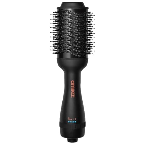 Image of amika blow dry hair brush 2.0-2-in-1 blow dryer + hot air styler - hair dryer brush for shiny + frizz-free blowouts - large oval tourmaline barrel with negative ions - 3 adjustable heat settings