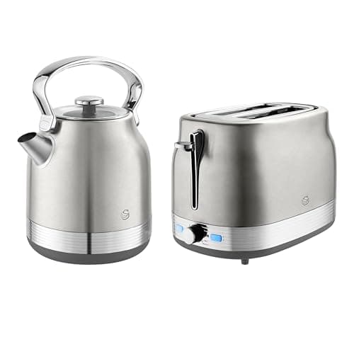 Image of Swan Retro Kitchen Set, 1.7L Rapid Boil Traditional Kettle and 2 Slice Toaster, Non-Slip Feet, Stainless Steel, SK14631SS & ST19028SS