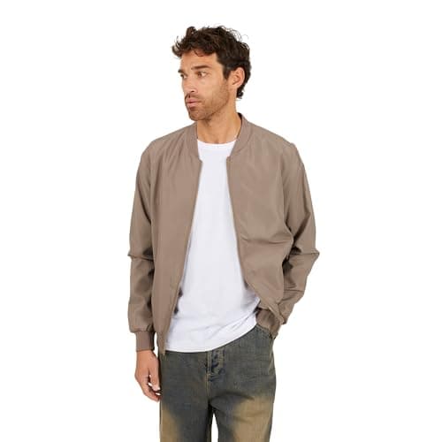 Image of BRAVE SOUL Mens Bomber Jacket Smart Casual Full Zip Up Long Sleeve 100% Polyester Outdoor Jacket for Men, Taupe Colour, Size- XL